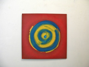 Rick Arnitz blue and yellow target on red background painting img
